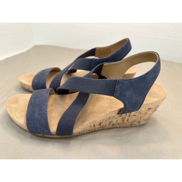 Life Stride Soft System Flex Blue Suede Strappy Sandals Cork Wedge Women's 8 W - Picture 2 of 13